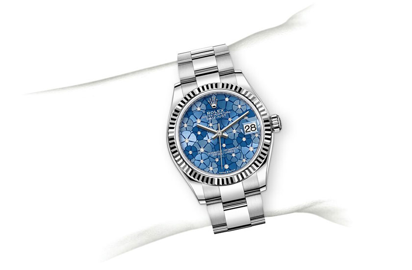 Simulation wrist Rolex Datejust 31 azzurro blue dial, floral motif, set with diamonds in Relojería Alemana