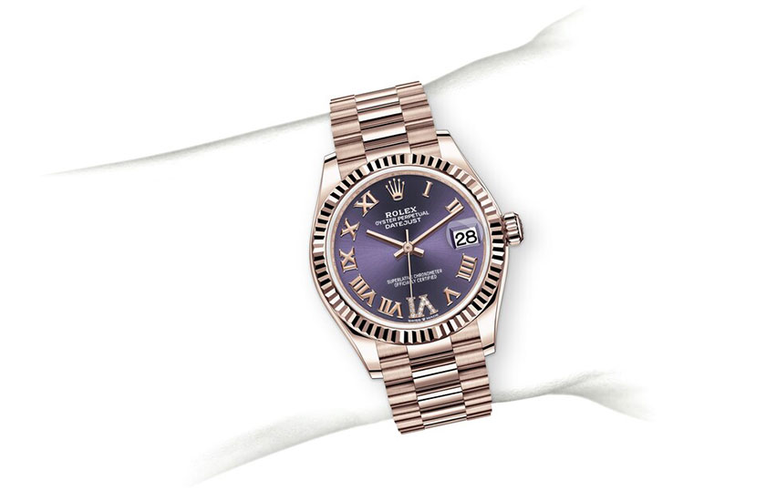 Simulation wrist Rolex Datejust 31 Aubergine dial set with diamonds in Relojería Alemana