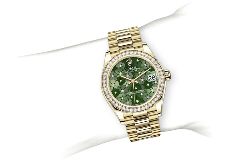 Simulation wrist Rolex Datejust 31 yellow gold, diamonds and Olive Green Dial, floral motif, set with diamonds in Relojería Alemana